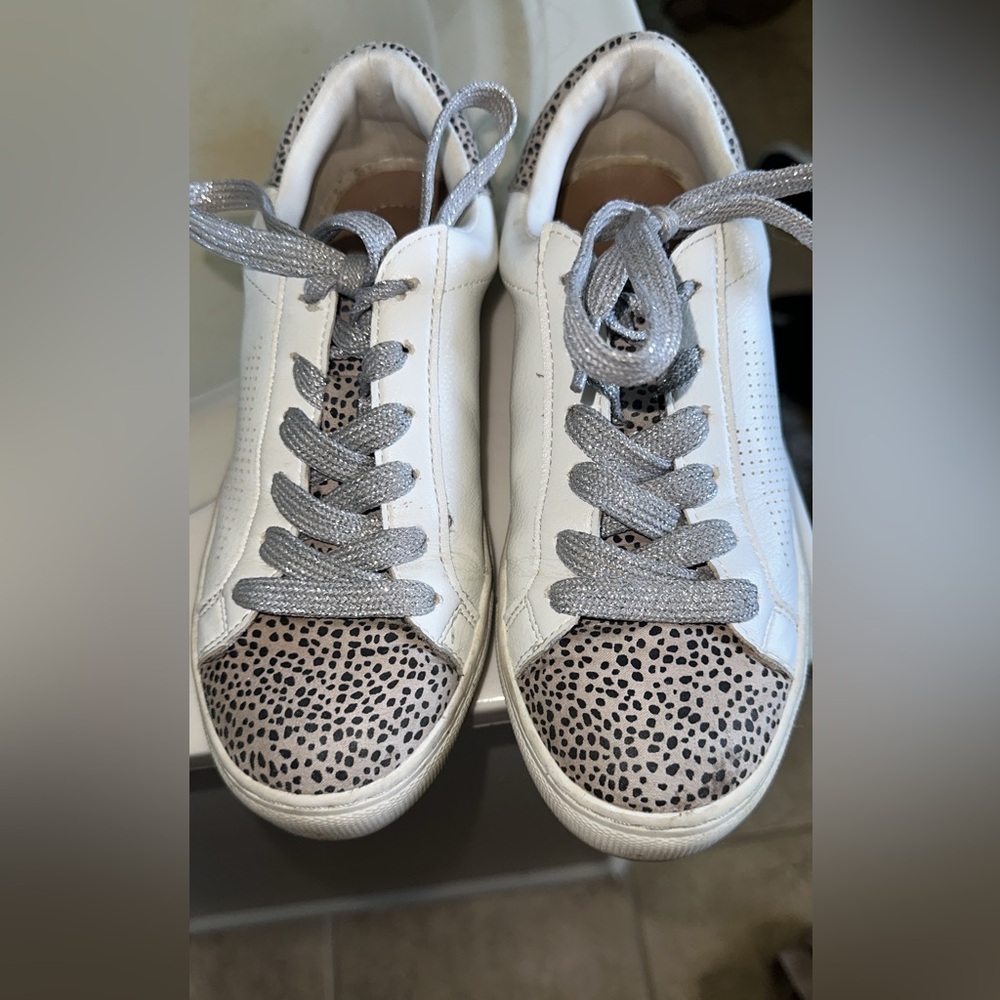 White and Leopard Print Sneakers with Silver Laces